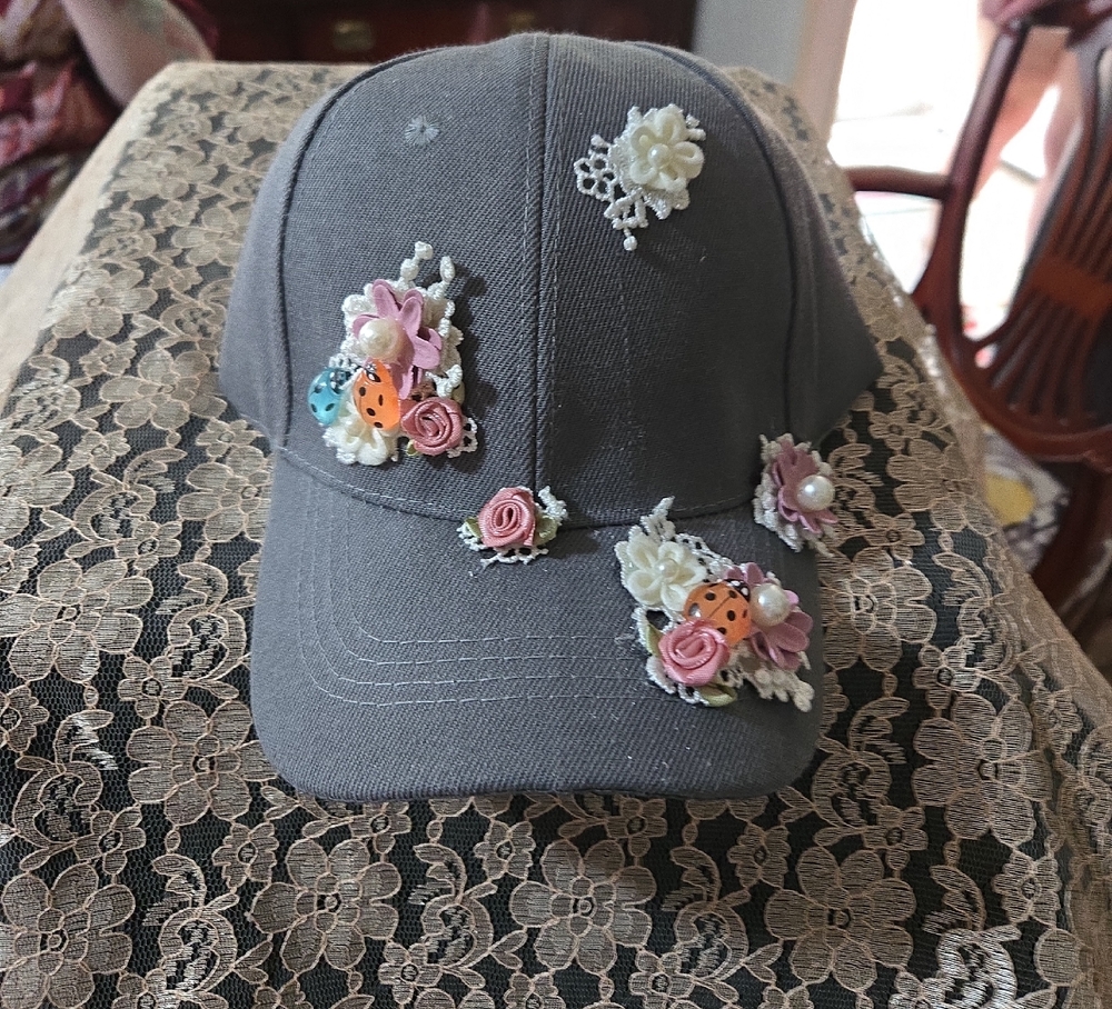 Embellished Gray Cap with Floral Accents